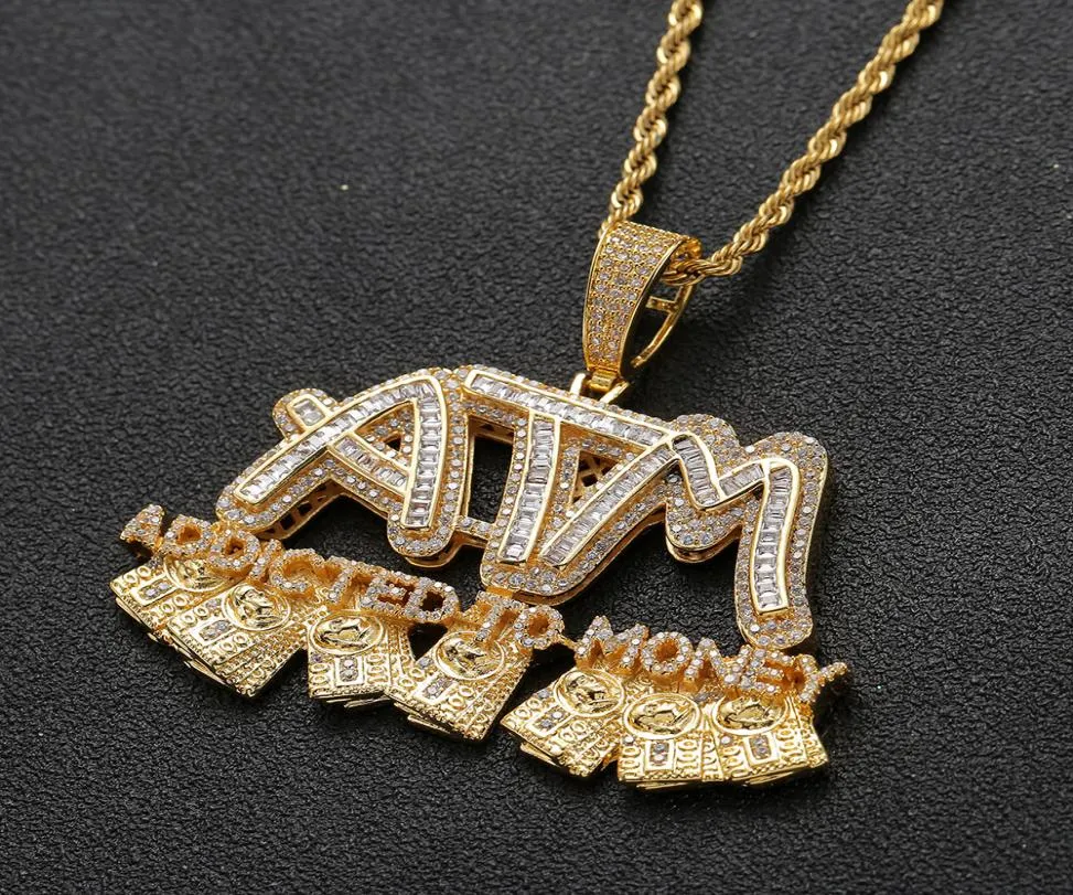 Iced Out Baguette ATM LETTERS PENDE COM CORRENTE CHINAGEM GOLD BLING BLING MEN HOMEM HIPHOP JOWELRY4220041