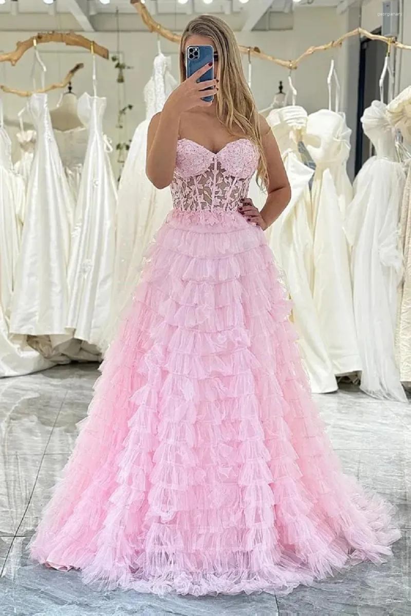 Party Dresses Pink A-Line Strapless Tiered Long Corset Prom Dress With Lace Spaghetti Straps Applique Sweetheart Sweep Train