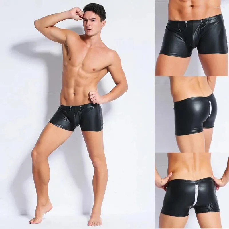 Underpants Sexy Underwear Men Leather Tights Short Pants Open Crotch Buckle Zipper Teddy Lingerie Male Panties Erotic Gay