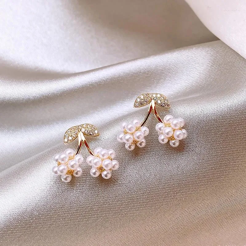 Stud Earrings Korea Fashion Jewelry Zircon Cherry Pearl 14K Gold Plated Sweet Girl Gift Elegant Women's Daily Accessories