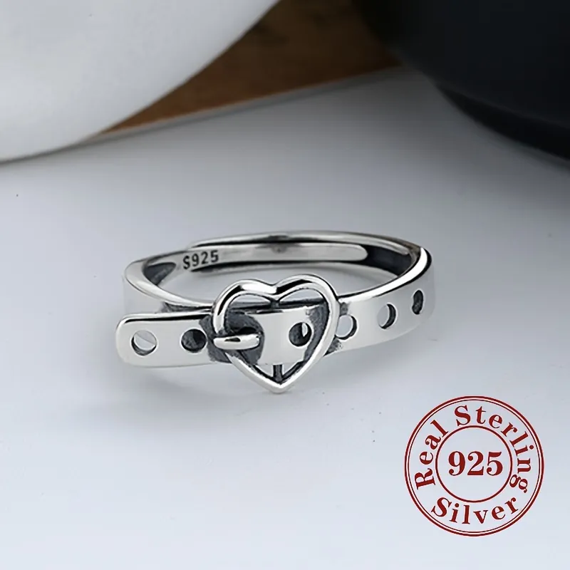 925 Sterling Silver Ring Retro Heart Belt Design Suitable For Men And Women Match Daily Outfits Party Decor High Quality Adjustable Ring