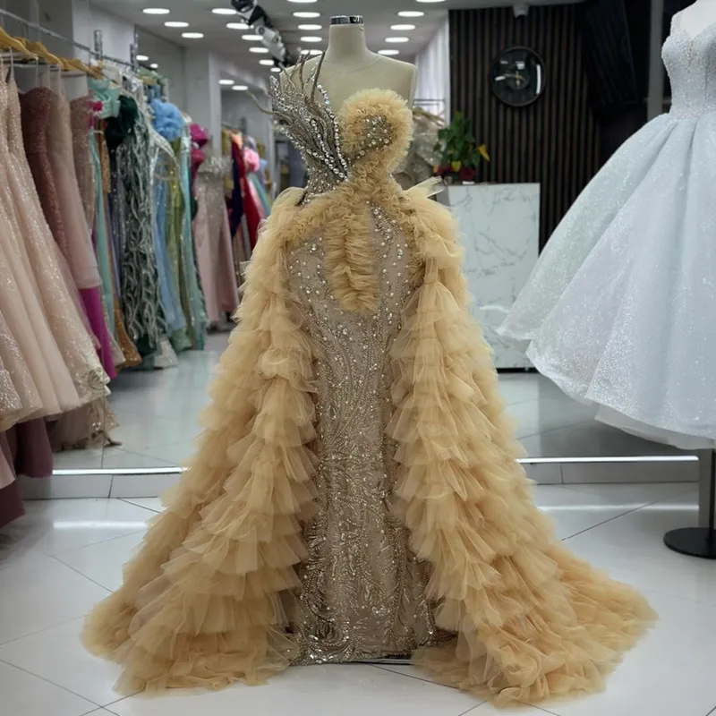 Champagne Plus Size gold sparkly prom dress with Detachable Train, Beaded Lace, and Rhinestones - Perfect for Special Occasions, Evening Events,