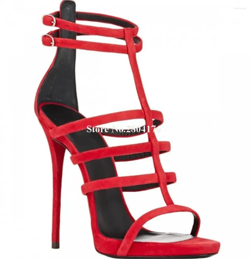 Dress Shoes Charming Red Suede Thin Straps Stiletto Heel Gladiator Sandals Open Toe T-straps Wedding Heels