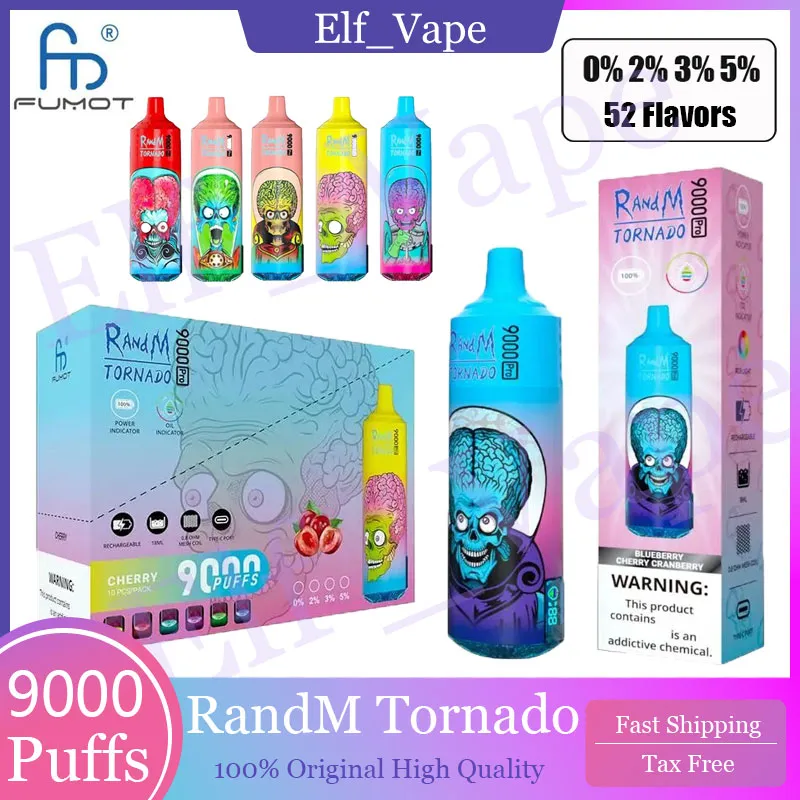 오리지널 랜드 랜드 토네이도 9000 퍼프 프로 프리 일회용 vape 펜 9K 퍼프 vape bang 263ml 미리 채워진 카트리지 포드 650 mah 충전식 배터리 LED 조명 색조