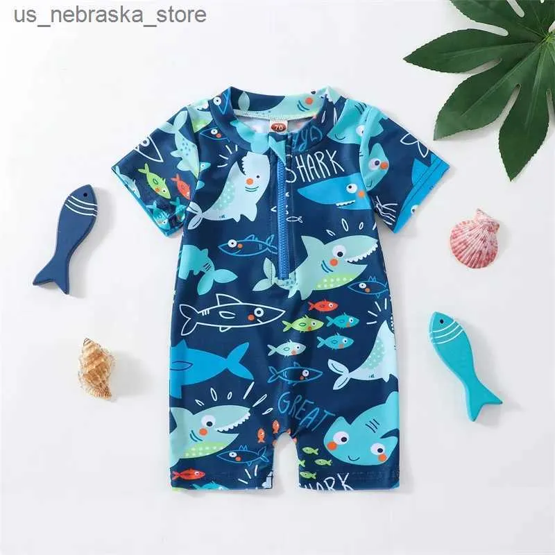One-Pieces Baby boy summer swimsuit shark print short sleeved zippered jumpsuit for childrens casual swimwear beach wear Q240418