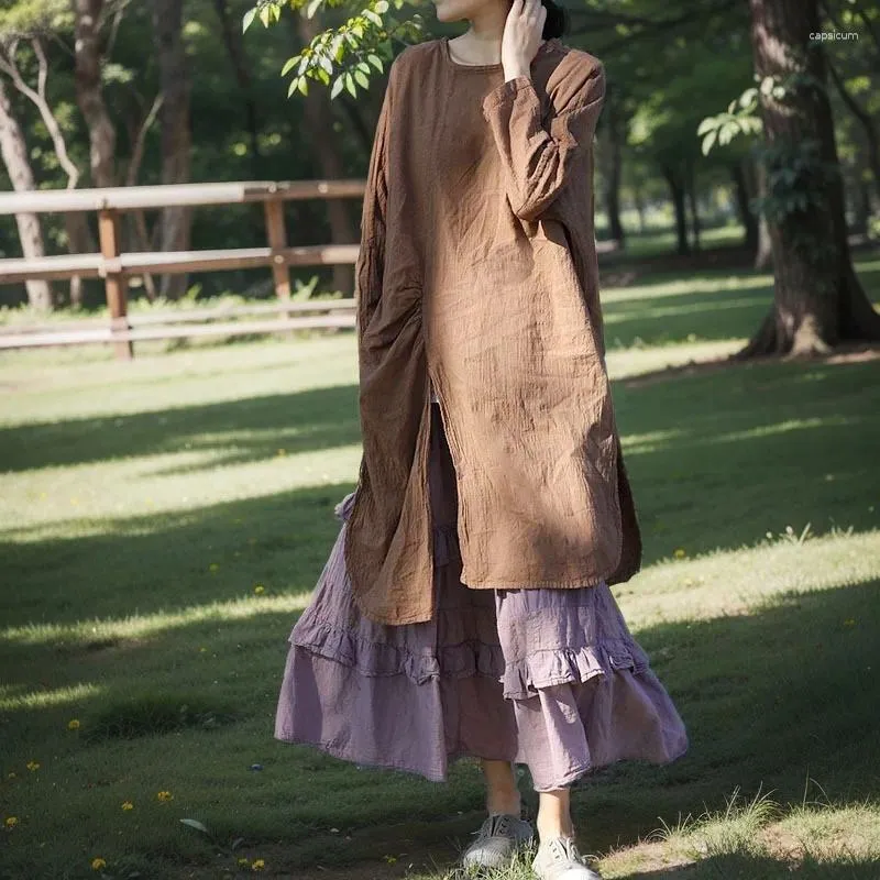 الفساتين غير الرسمية من الكتان القطني الصيفي كاكي فستان امرأة طويلة الأكمام o-neck midi femme عتيقة VESTIDOS LINE SUNDRESS 2024