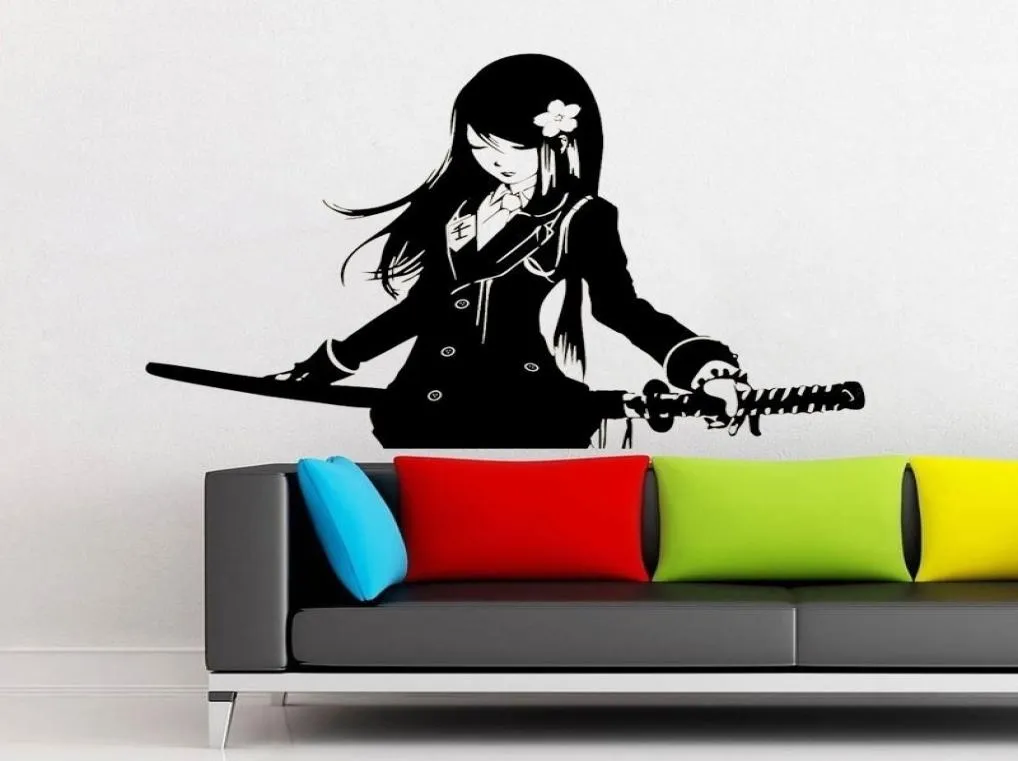 Samurai Schoolgirl Katana Japanese Akai Anime Wall Sticker Vinyl Interiör Art Home Decor Room Wall Decals Borttagbar väggmålning 4045 2018333121