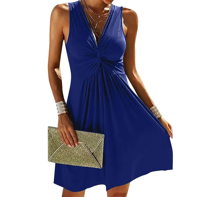 Summer Solid A-Line Tank dress for Women - Casual V-Neck Front Knotted Sleeveless Party dress Summer Solid A-Line Tank dress for Women - Casual V-Neck Front Knotted Sleeveless Party dress