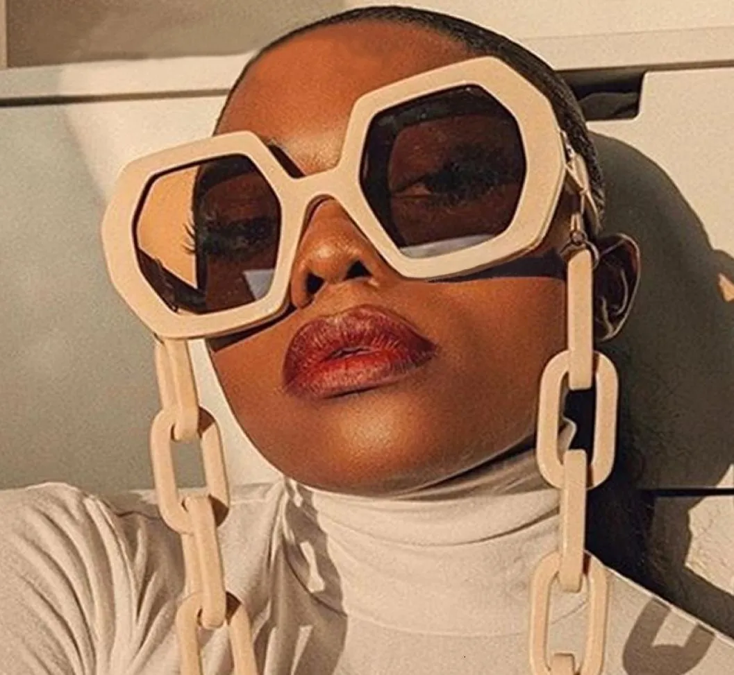 Chic Vintage Polygon Chain Sunglasses Femme Nouvelle mode surdimensionnée surdimensionnée Hexagon Soleil Femelles Punk Eyewear Men Shades S3099389384