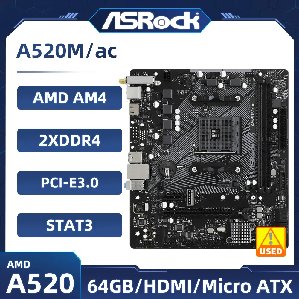 Anakartlar AMD A520 Anakart Asrock A520m/AC Soketi AM4 DDR4 64GB USB3.2 HDMI PCIE 3.0 Mikro ATX Desteği AMD Ryzen 5 5600 CPU