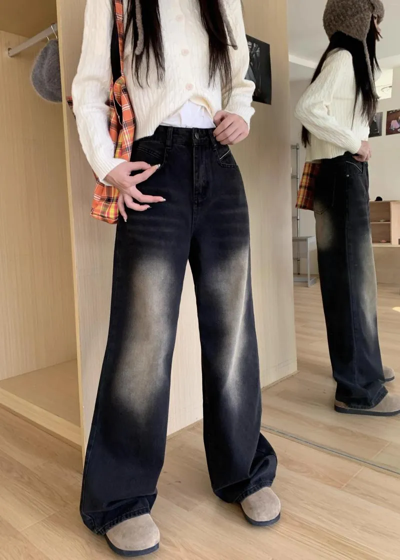 Kvinnors jeans i full längd koreansk mode rak hög midja kvinnor denim byxor y2k breda ben svarta byxor