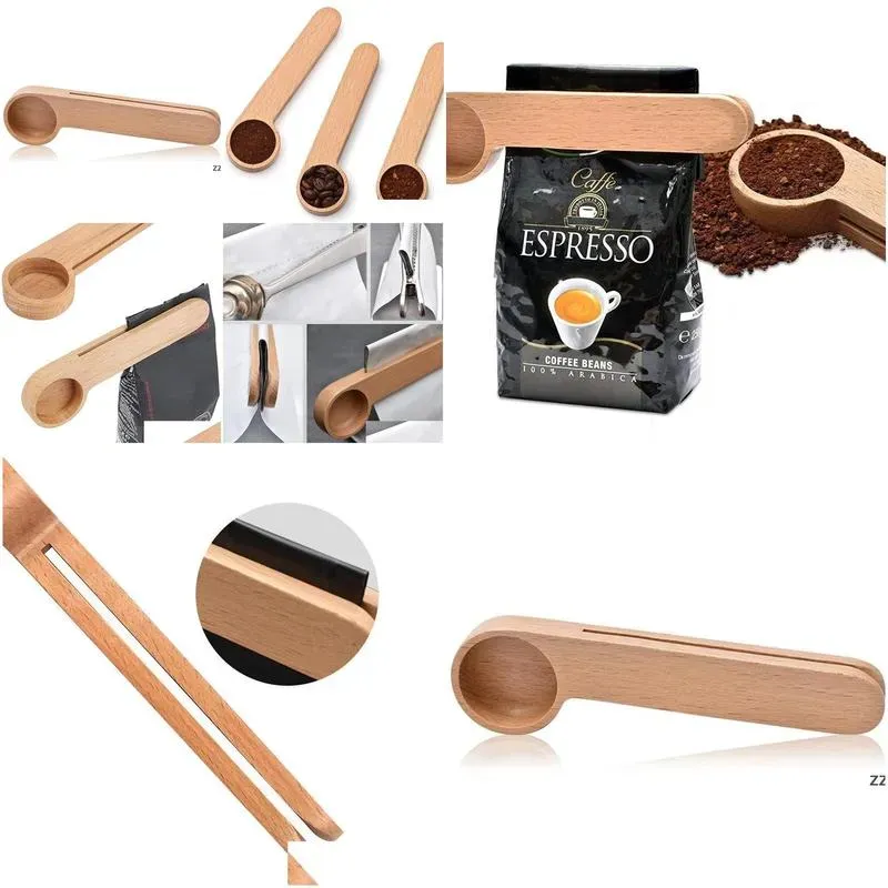 Spoons Spoon Wood Coffee Scoop With Bag Clip Tablespoon Solid Beech Wooden Measuring Scoops Tea Bean Spoons Clips Gift Fy5271 0918 Dro Dhfkv