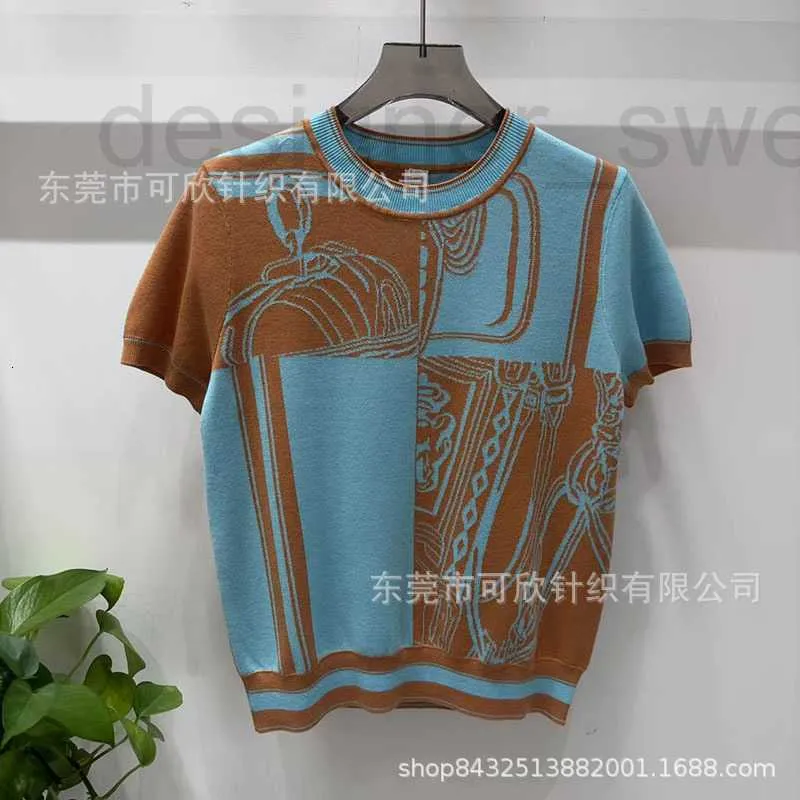 Women's T-Shirt Designer Early spring round neck contrasting pattern knitted T-shirt short sleeved women's top casual loose fitting short sleeved 139S