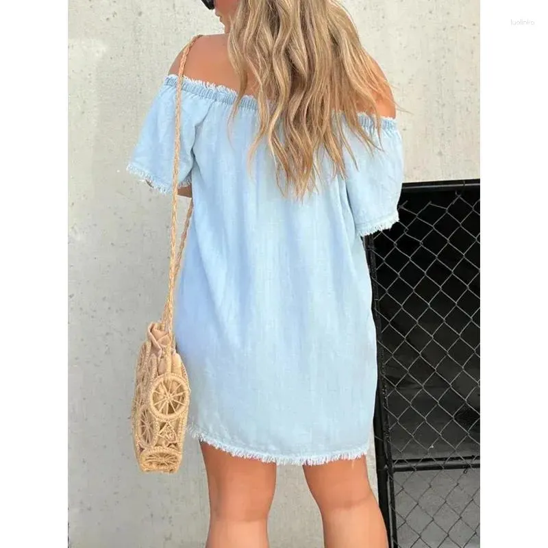 Sexy Off-Shoulder Tassel Denim dress with Slash-Neck and Short Sleeves - Perfect for Casual Occasions, Parties, and Summer Fashion