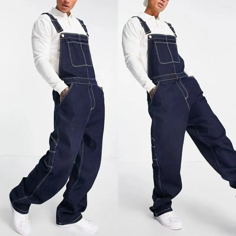 Men's Jeans Men Distressed Denim Overalls Straight Pants Spliced Pockets High Street Loose Cargo Washing Ankle Length Solid Casual