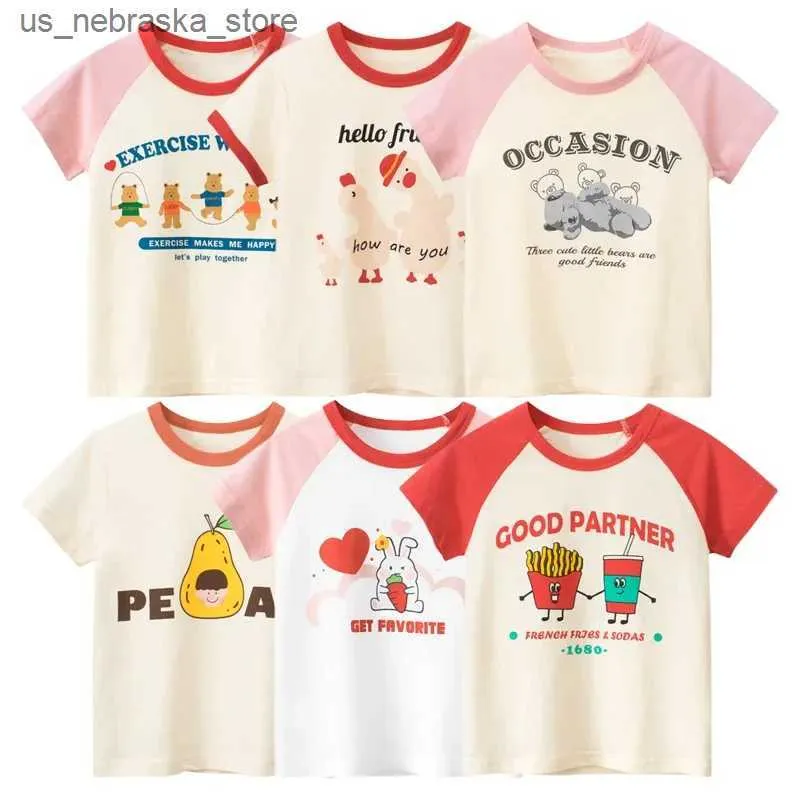 T-shirts 2024 Été Nouveau enfant T-shirt Girls Cartoon Bear Print Short à manches Coton Tops de cou coton