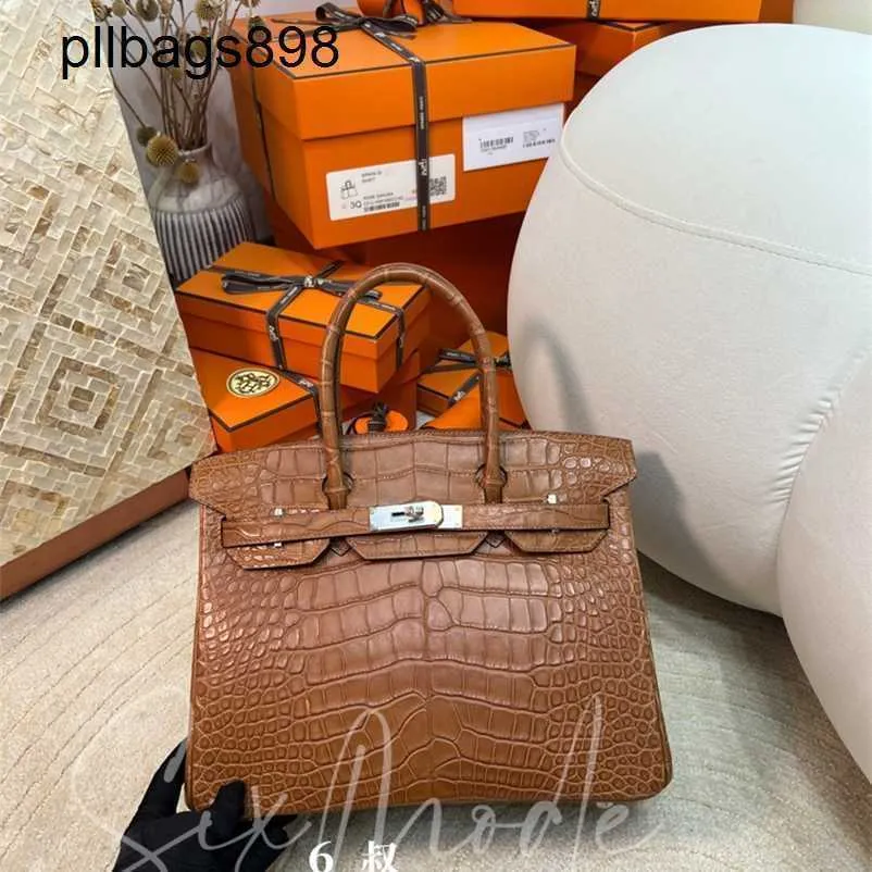 Designer Handmade 7a Handbag Bikns Genuine Leather Misty Crocodile BK30 Uncle Wax Thread Gold BrownLQKR