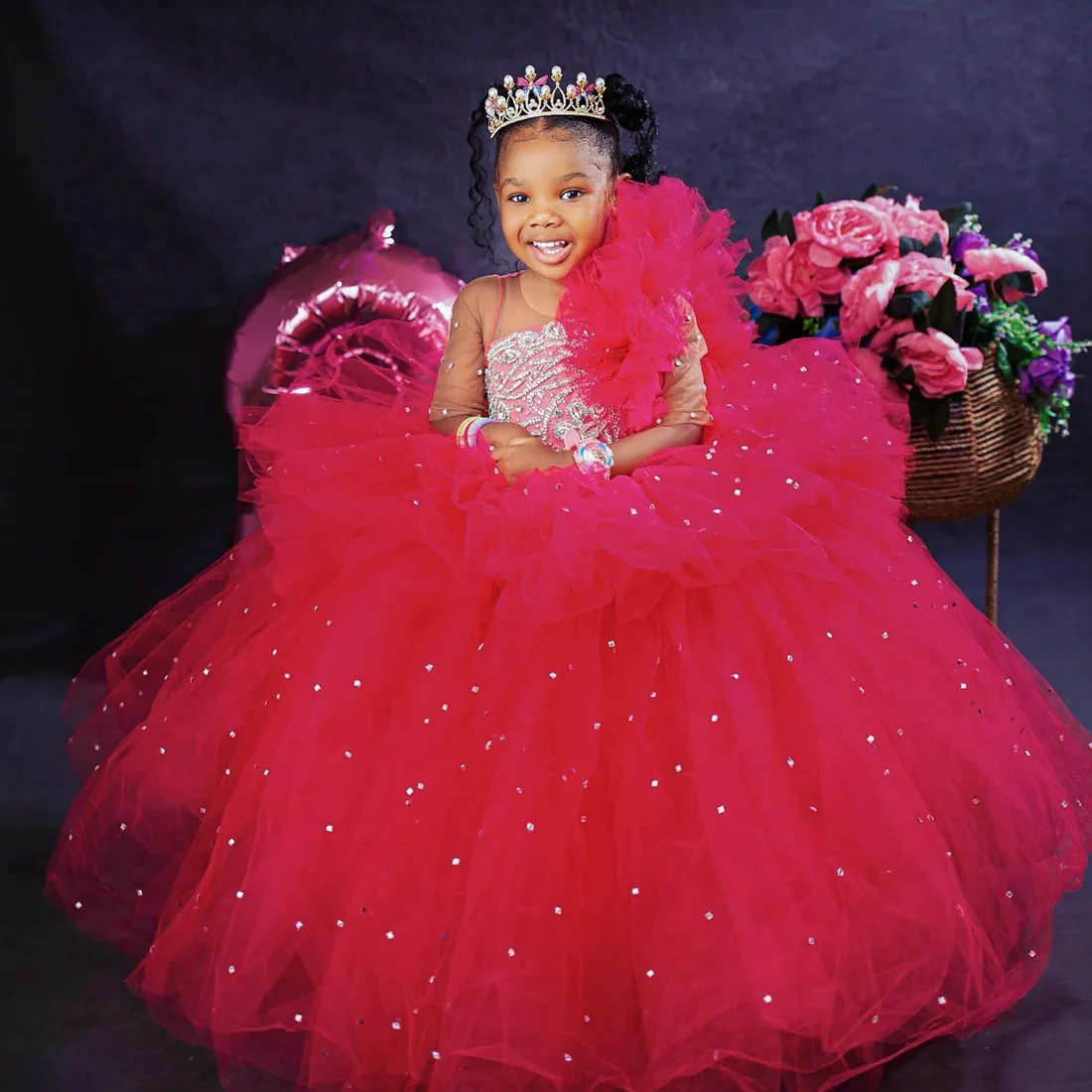 Princess Gown Red Rose Dress For Baby Girl Hot Pink Birthday Dress