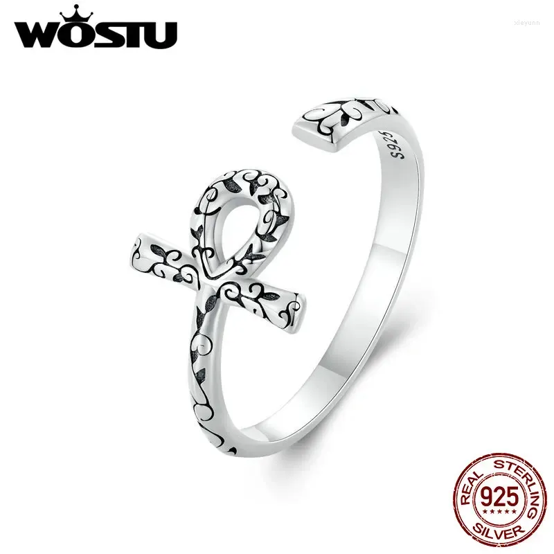 クラスターリングWOSTU REAL 925 STERLING SILVER ANKH EGYPTIAN CROSS OPENTE