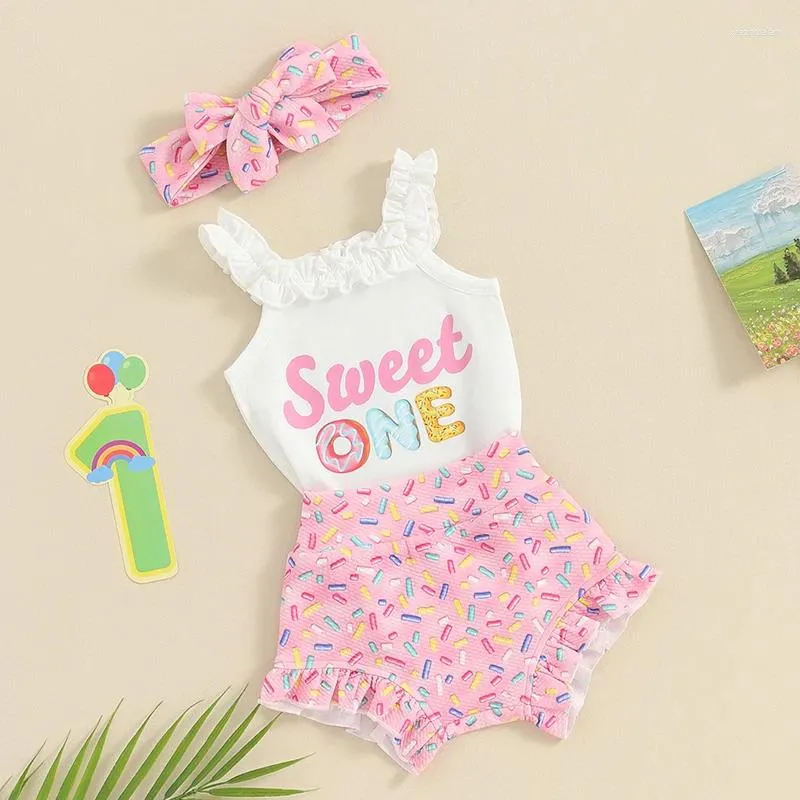 Kläder sätter 3st Baby Girl 1st Birthday Outfit Sweet One Frills ärmlös Romper Donut Shorts Pannband Infant Cake Smash Outfits