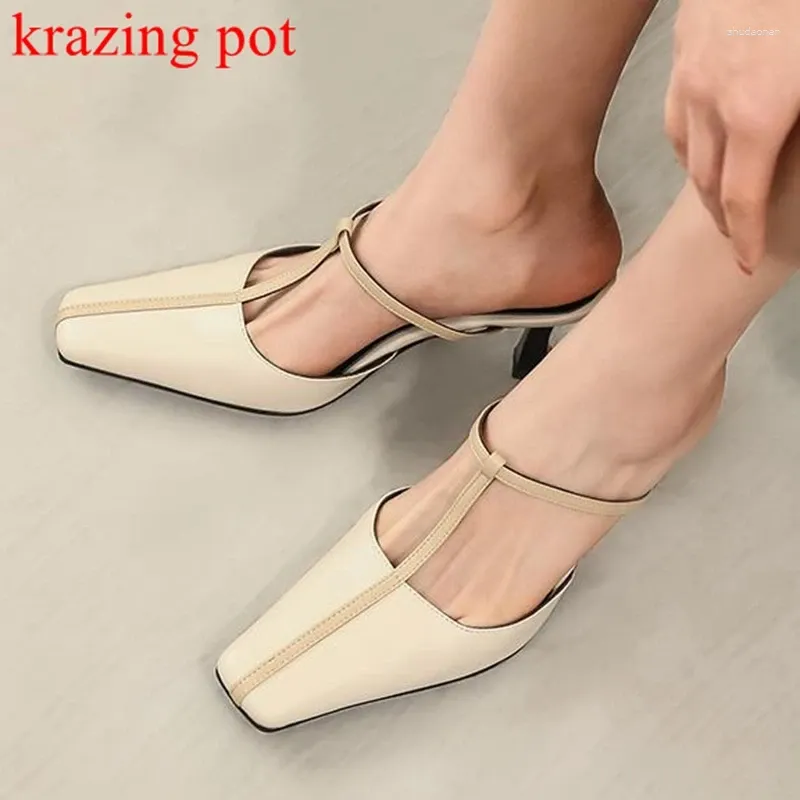 Sandales krazing pot chic en cuir complet en cuir carré orteil mulets femmes talons hauts minces glisser sur le design en forme de T couleurs gris