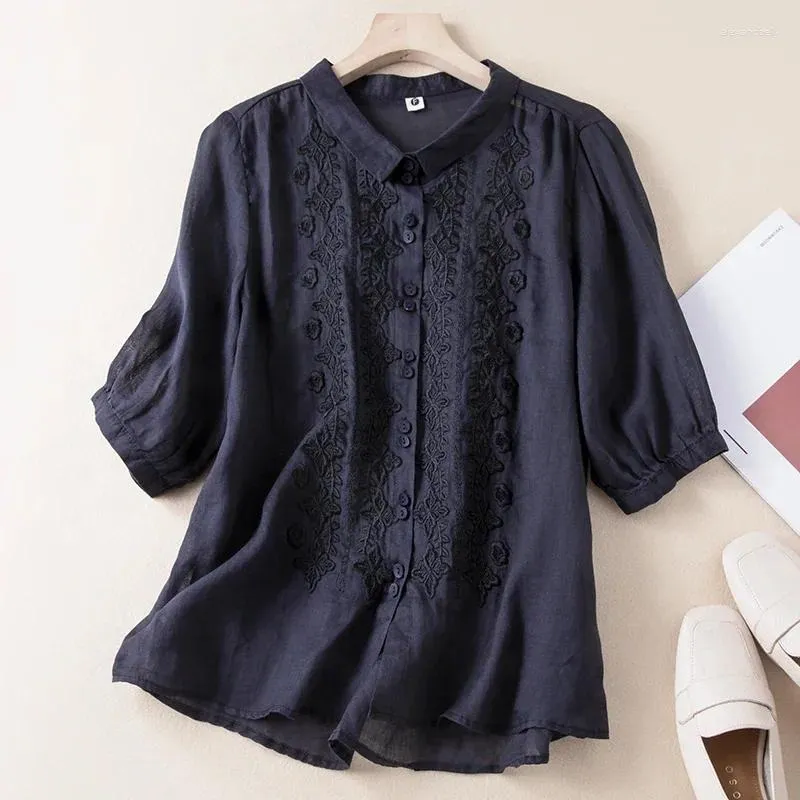 Women's Blouses Chinese Style Shirt Summer Cotton Linen Vintage Loose Embroidery Women Tops Fashion Clothing YCMYUNYAN