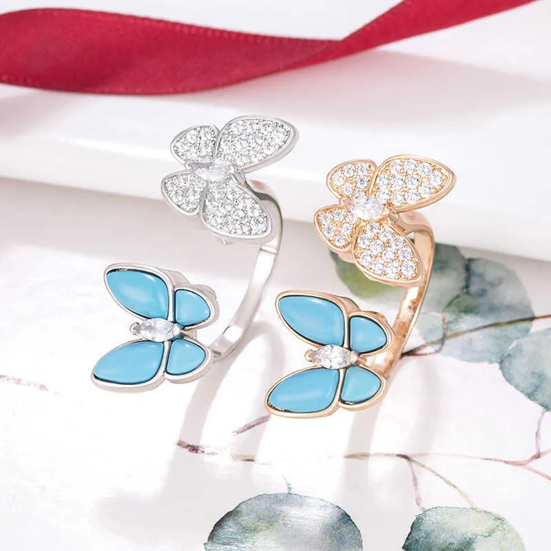 Oryginalna marka Van New Butterfly Turquoise Blue Double Series V Gold Full Diamond Wszechstronna prosta i zaawansowana kobieta