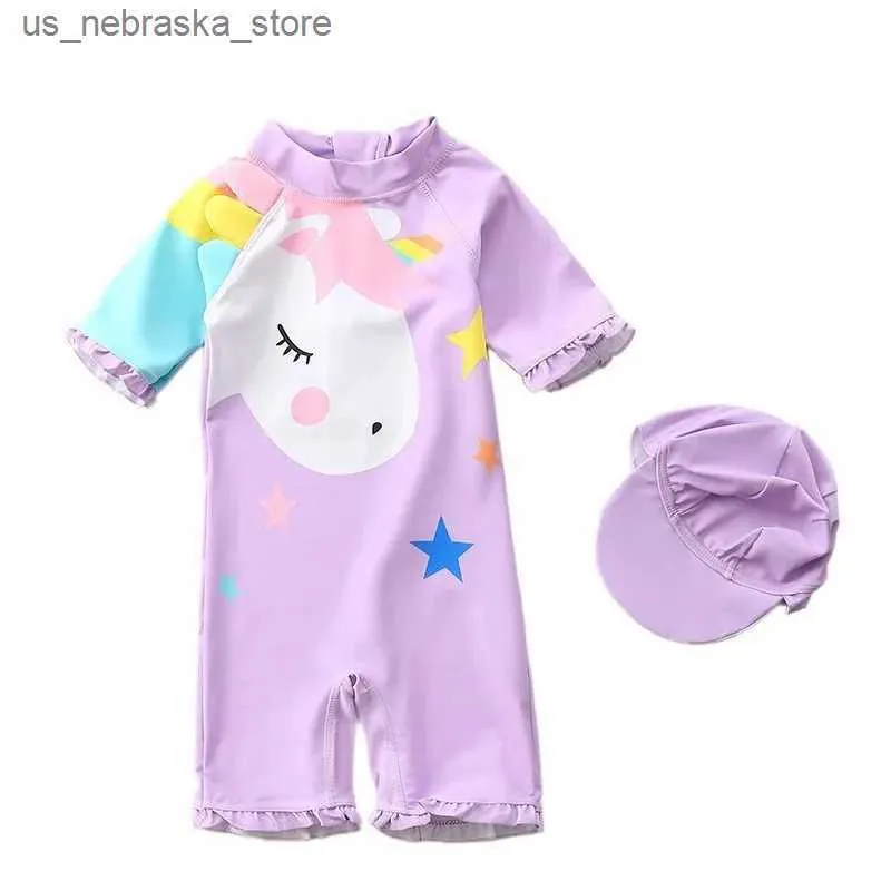 One-Pieces Happy Flute new 7-24kg one piece long sleeved swimsuit for boys and girls cute baby princess summer swimsuit Q240418