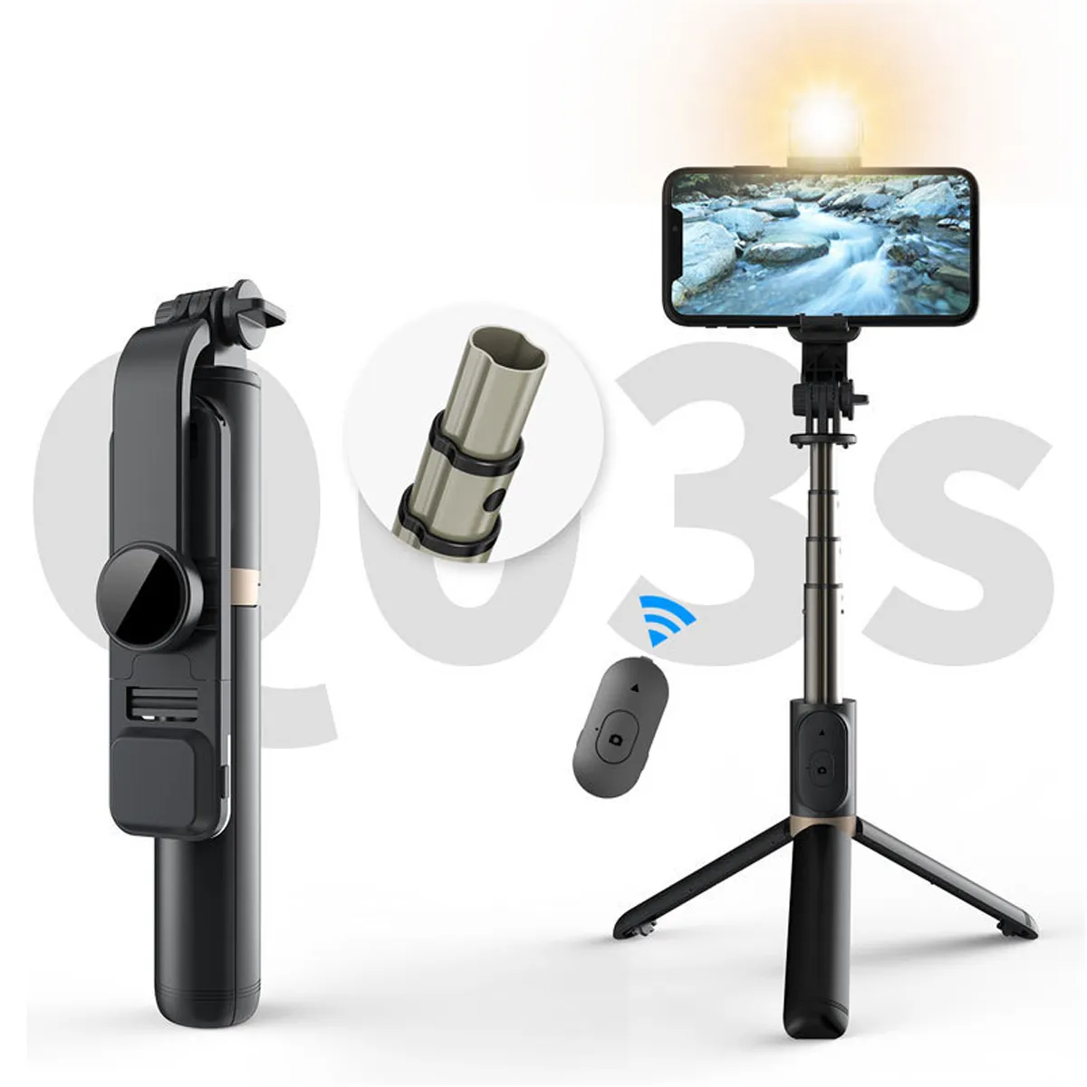 Q03S preenchem luz Bluetooth Tripod Selfie Stick (liga de alumínio)