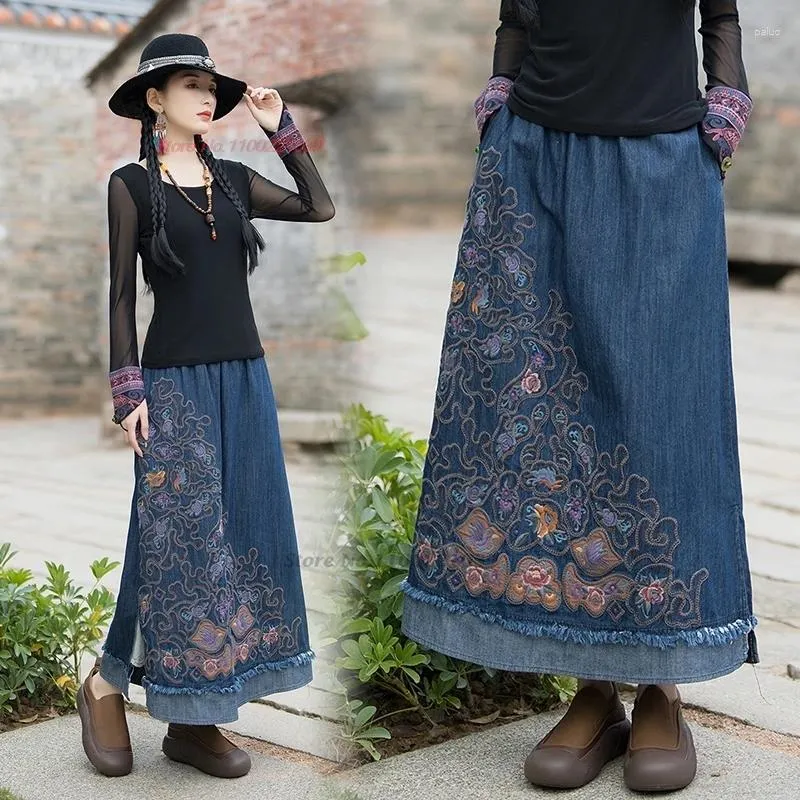 Ethnic Clothing 2024 Chinese Traditional Skirt National Flower Embroidery Elastic Waist Denim Vintage A-line Midi Folk Dance Suit