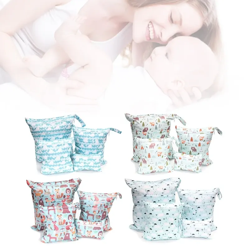 Belt 4 Pcs/Set Fashion Print Baby Diaper Storage Bags Reusable Washable Travel Nappy Pouch Waterproof Wet Dry Cloth Organizer