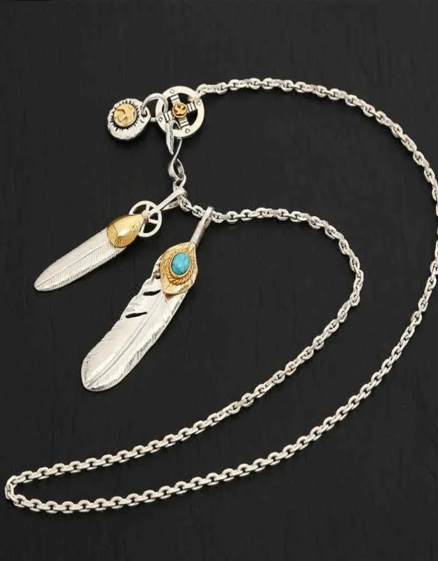 Halsband 925 Sterling Silver Jewelry Takahashi Goro Feather Retro Long Chain Blue Turquoise Pendant for Men and Women Necklace2244117979