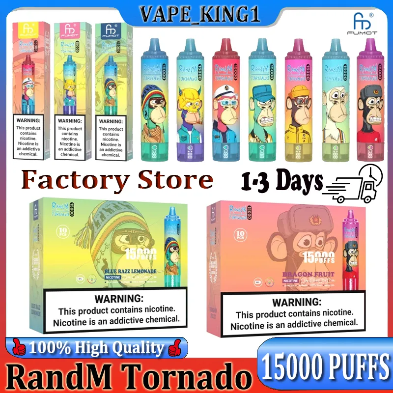 Fumot Randm Tornado 15000 Puff Shisha Disposable Vape Device 25ml 0/2/3/5% Sel de nicotine 41 FLAVORS BATTERD