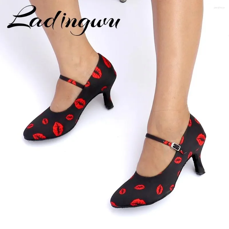 Sapatos de dança Ladingwu Sneakers Latim Mulheres Professor Black Salto preto 5-8 cm Feminino Lip Red Satin Customizable Ballroom