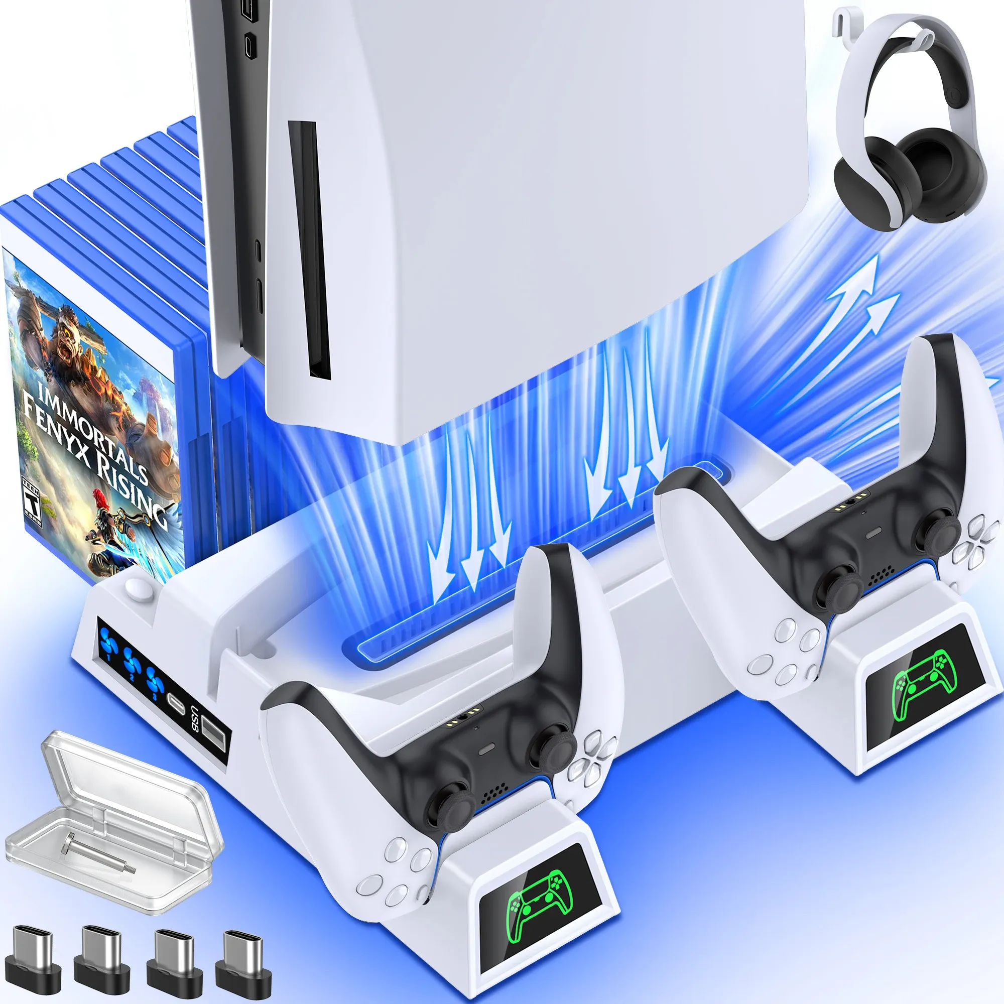 Racks Stand di raffreddamento verticale per Caricatore del controller PS5 con ventole a LED per Sony PlayStation 5 Digital / PS5 Disc Edition Console
