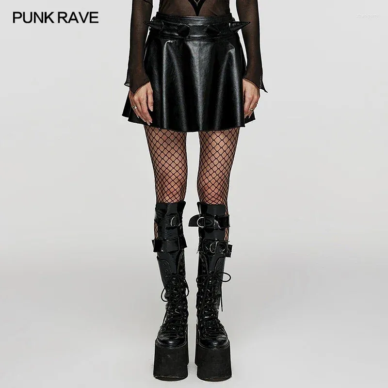 Skirts PUNK RAVE Women's Faux Leather Cute A-line Skirt Daily Detachable Devil 3D Small Pointed Belt Women Clothing