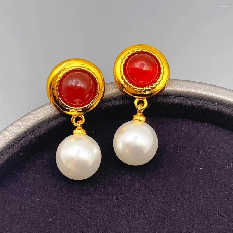 Bolzenohrringe elegante natürliche rote Achat weiße Perle 925 Silbernadel Vintage Luxusschmuck für Frauen