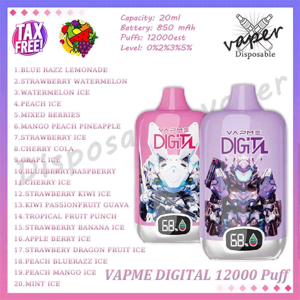 Authentic VAPME Digital 12000 Poix jetable Vape Pen 0% 2% 3% 5% Niveau 20 Ml POD PREFILE