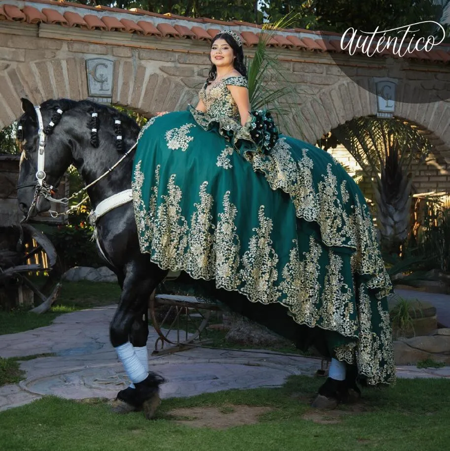 Hunter Green Charro Princess Quinceanera Dress Floor-Length Organza Lace-up  Off Shoulder