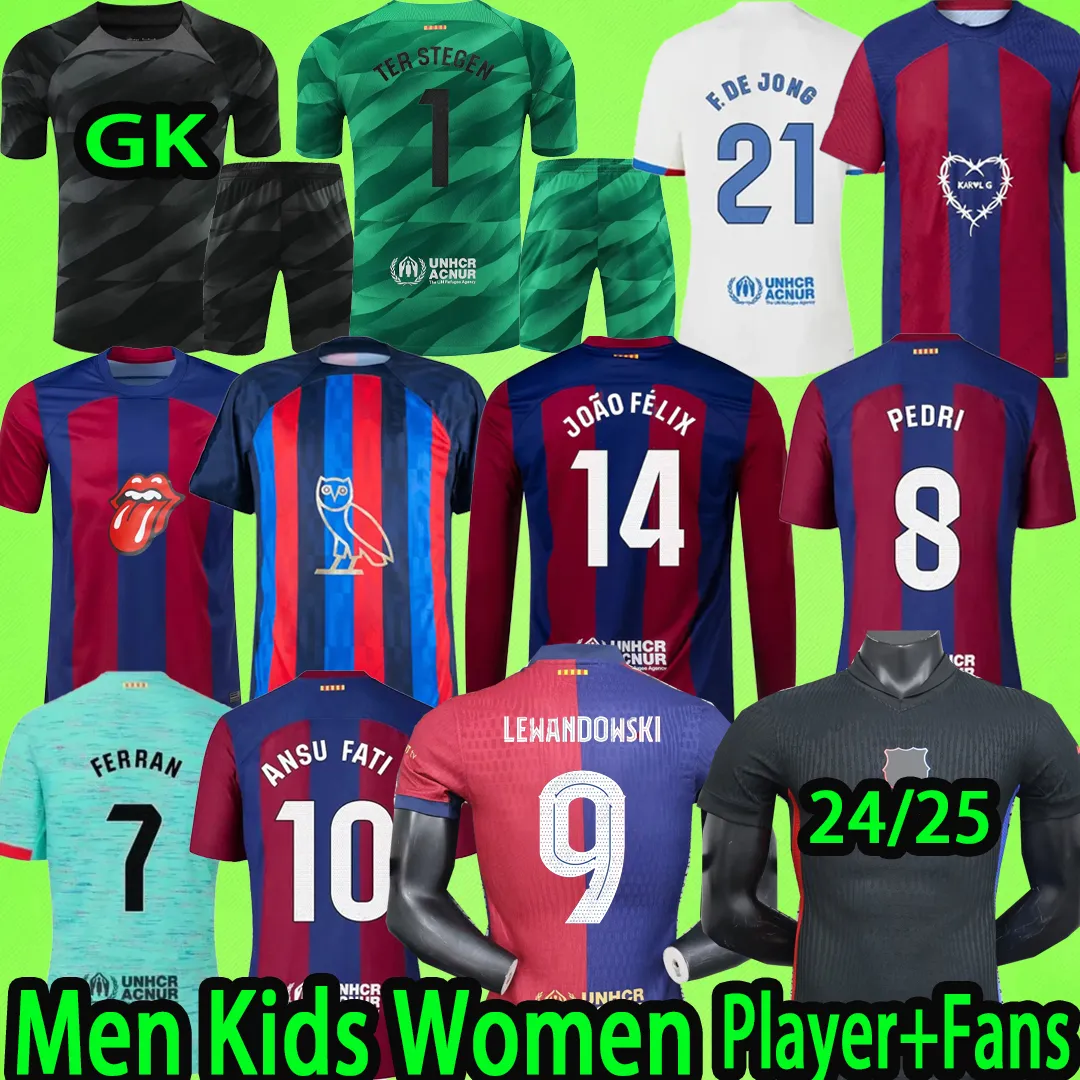 24/25 Ter Stegen Lewandowski Messis Joao Felix Soccer Jersey GK Women Men Kit Kids Gavi Barca Doelman voetbalshirt T -speler Versie 2024 2025 Uniformen Lange mouw