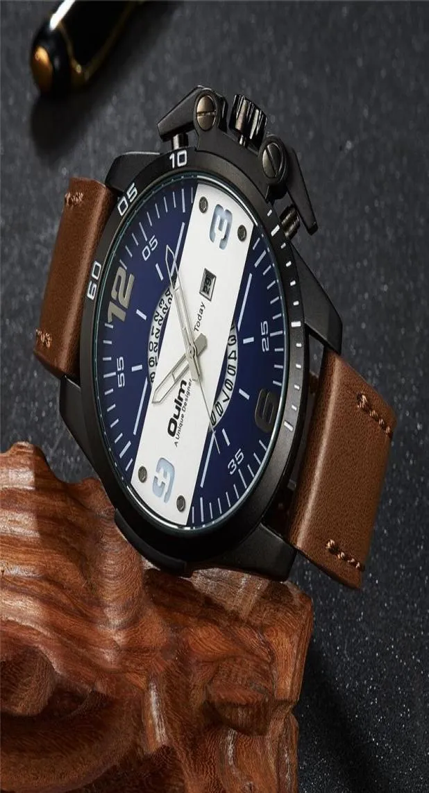 OULM DESIGN Big Watch Sport Men Cool Button Auto Date Leather Strap Men039S Quartz Wristwatch Luxury Man Militärklockor Wrist4012793