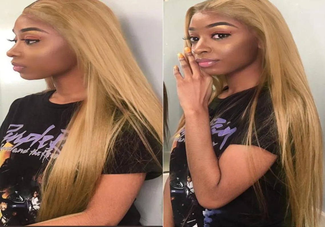 Silky Straight 27 13x6 Pernues avant en dentelle pour les femmes noires Vierge brésilienne Honey Blonde Hair sans glue en dentelle pleine perruques de cheveux humains Baby9846564