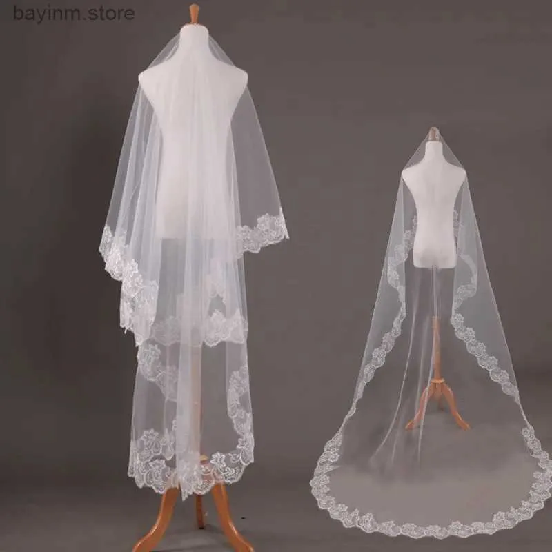 Bijoux de poils de mariage Appliques en dentelle 3 m de long Veil de mariage avec peigne une couche blanche ivoire en tulle doux Veille de la cathédrale Bridal Accessoires de mariage