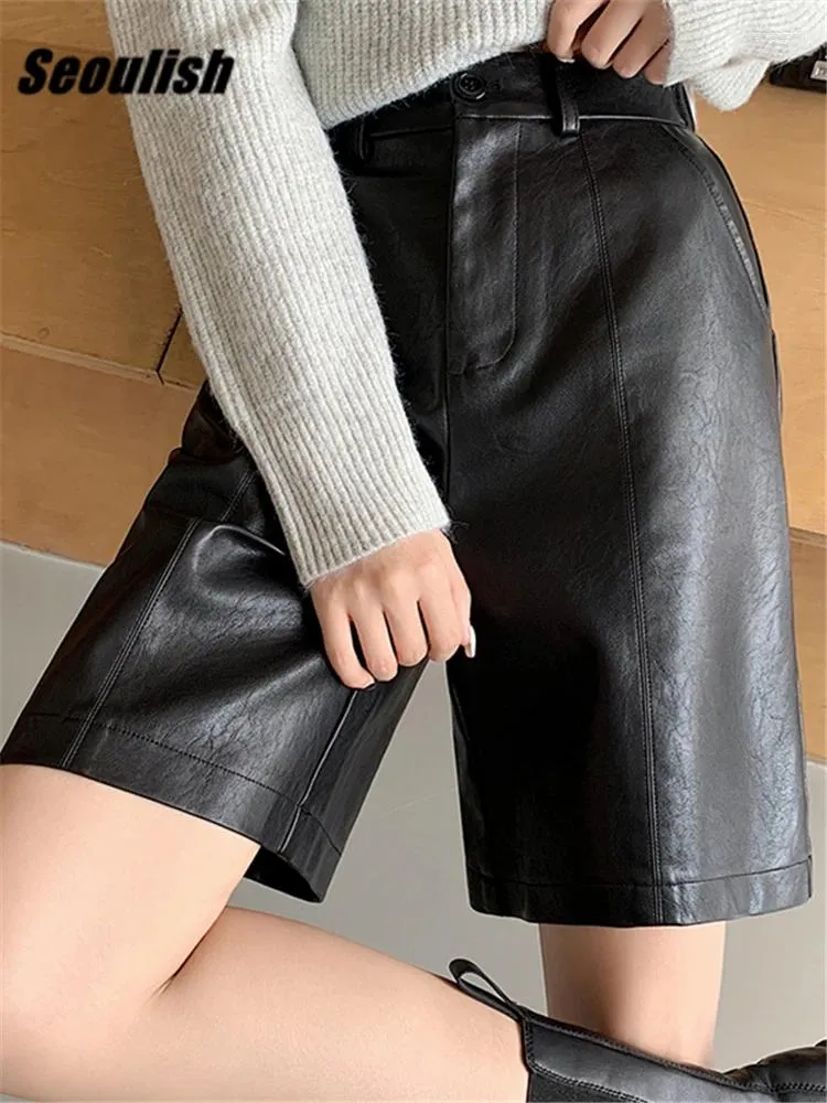 Women's Pants Seoulish Black Faux PU Leather Shorts 2024 Autumn Winter Washed High Waist Wide Leg Loose Female Trousers