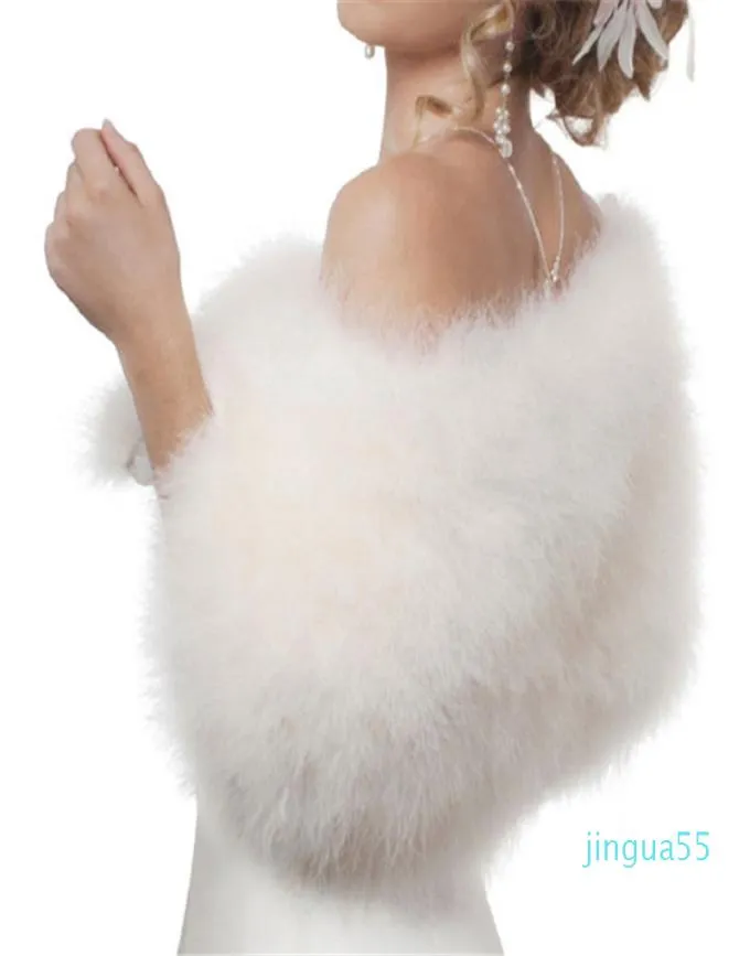ファッション豪華なオストリッチホワイトフェザーラップブライダルファージャケット結婚肩をすくめるコートブライド冬の結婚式パーティーファーボレロ女性8695320