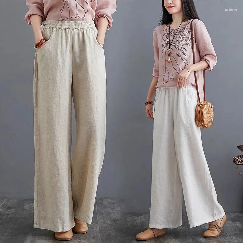 Vêtements ethniques 2024 femmes pantalon de lin en coton décontracté plus taille haute taille femelle gris gris élégant streetwear large pantalon lâche