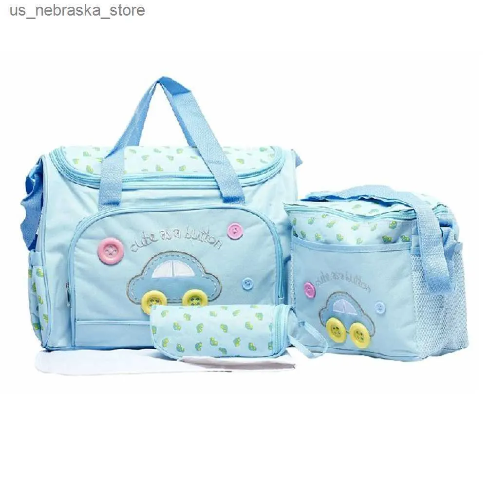 DIAPER Väskor 4-i-1 Multifunktionellt bilmönster stor kapacitet Baby Diaper Pyjama Ersättning Pad Travel Mummy Bag Handbag Set (Sky Blue) Q240418