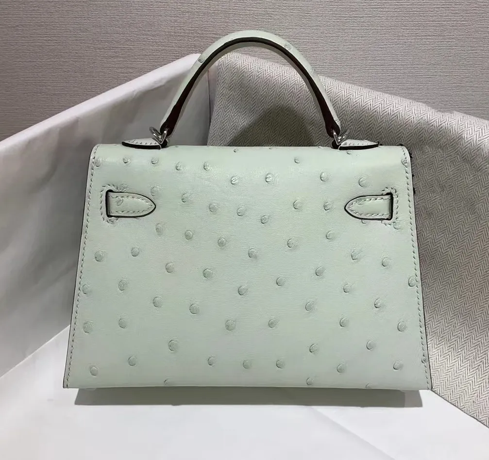 brand handbag women luxury purse 19.5cm ostrich mini bag fully handmade stitching grey green blue colors to choose fast delivery