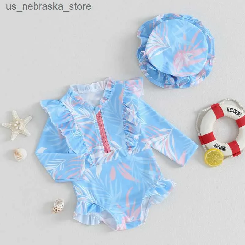 Endelar Söta blommortryck Baby Swimsuit Bikini Beach Suit veckad långärmad bladdragare Baddräkt Baby Swimsuit Q240418