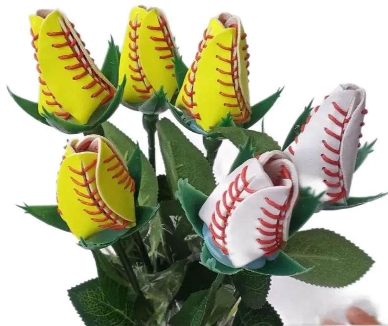 collectable athletic baseball softball leather roses yellow red stitching seam softball graduation gift rose flower Connectors